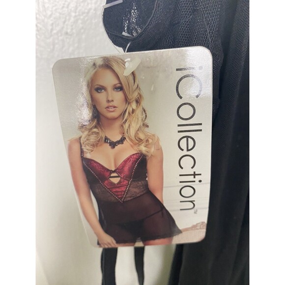 iCollection Babydoll Mesh Lace Overlay Microfiber Coral Black Size M Lingerie - Picture 8 of 11